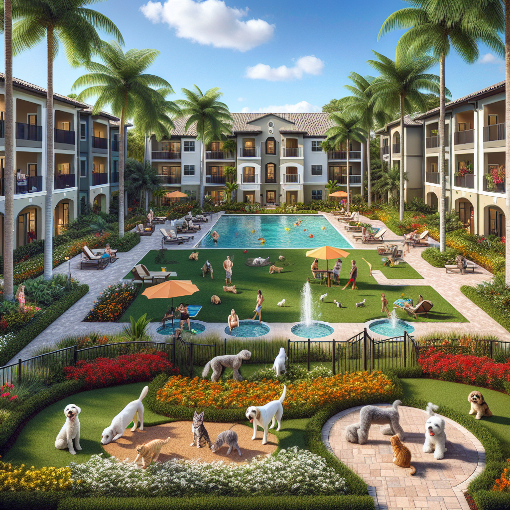 A vibrant apartment complex courtyard features a large pool, palm trees, flowers, and people relaxing. In the foreground, a fenced pet area includes several dogs and cats playing on grass and pavement under a clear blue sky.