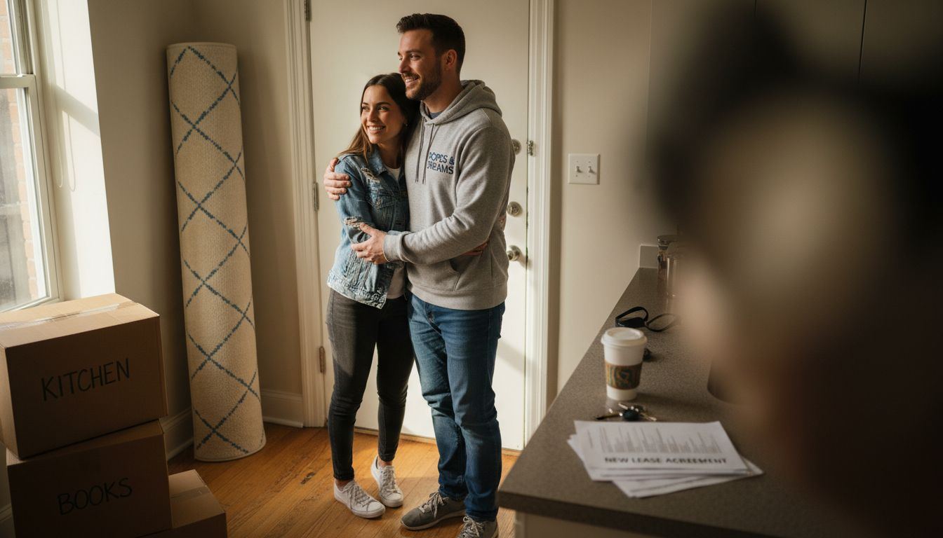 Couple entering new apartment surrounded by boxes