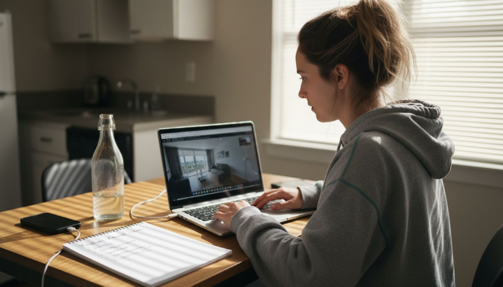 Woman browsing virtual apartment tour on laptop