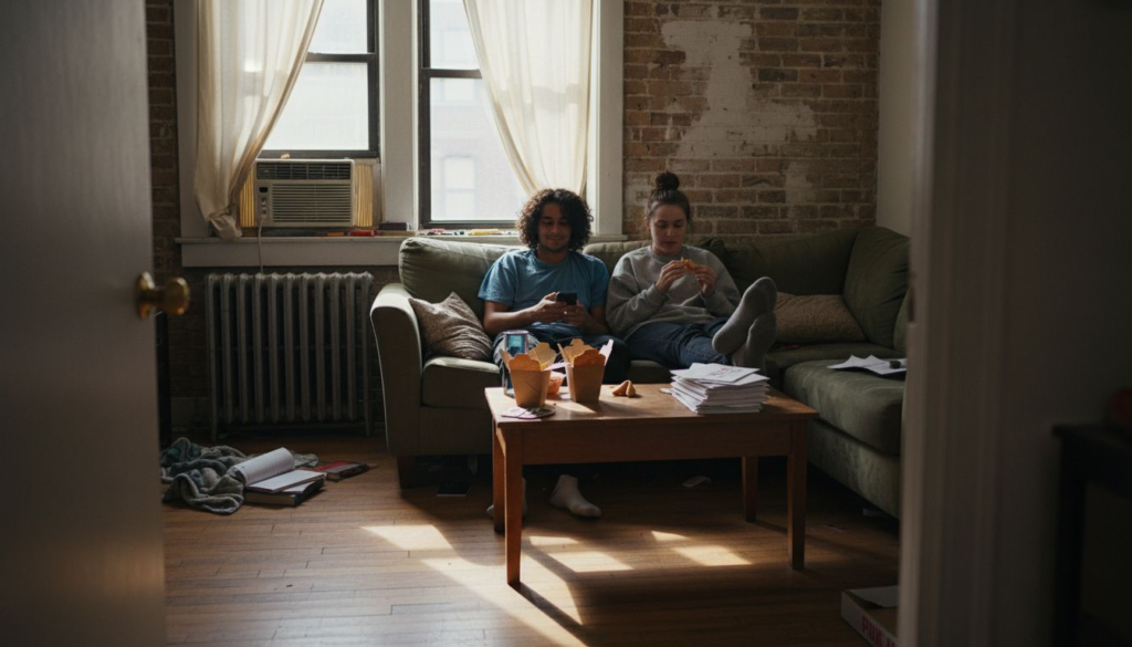 Young renters relaxing in affordable apartment