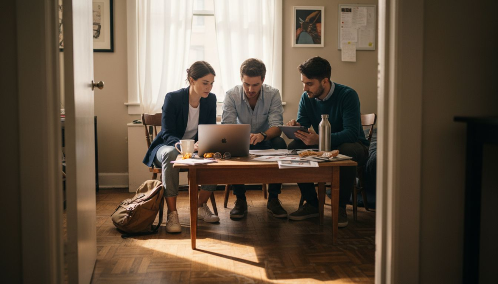 Young professionals comparing apartment options together