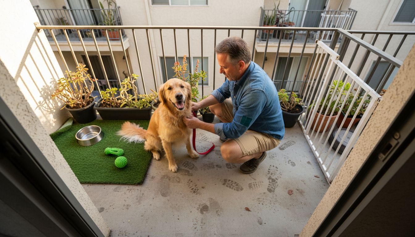 Affordable Housing for Pet Owners—What Matters Most 3 Man and dog on apartment patio with pet features