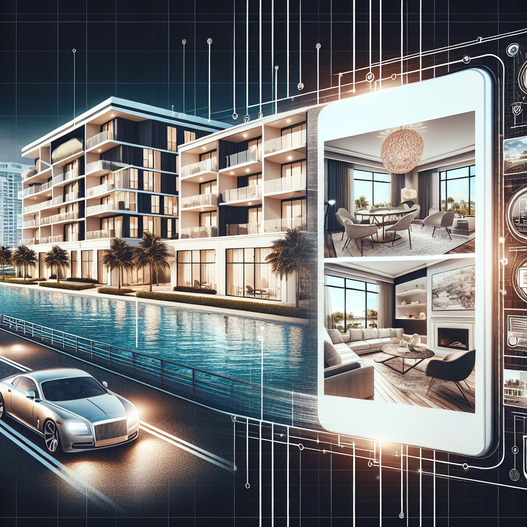 A modern luxury apartment building beside a canal, with palm trees and a high-end car nearby. A large digital tablet overlays the scene, displaying stylish apartment interiors, symbolizing smart living technology.