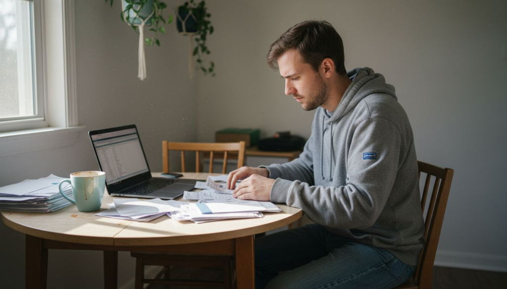 Person budgeting at kitchen table in apartment
