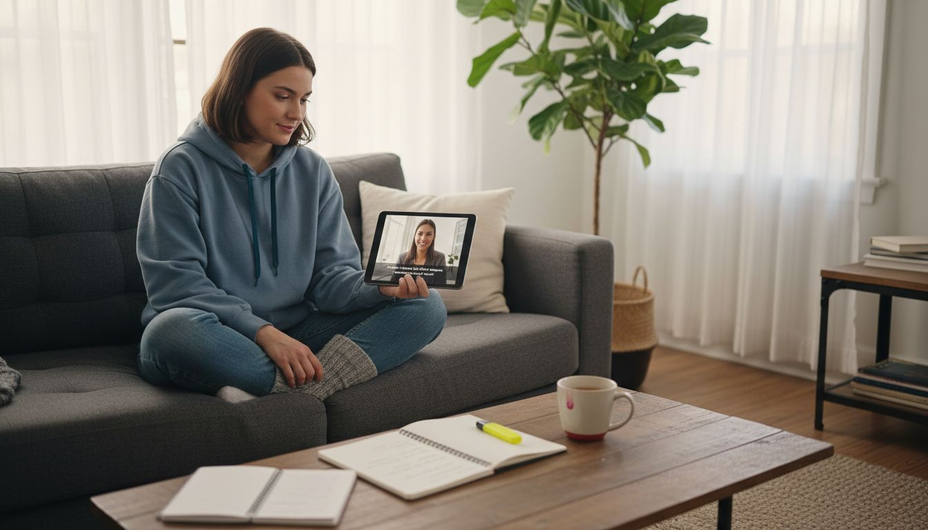 Woman using tablet for virtual apartment tour