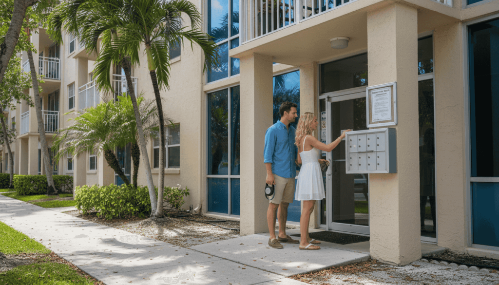 Couple approaching Boca apartment entrance