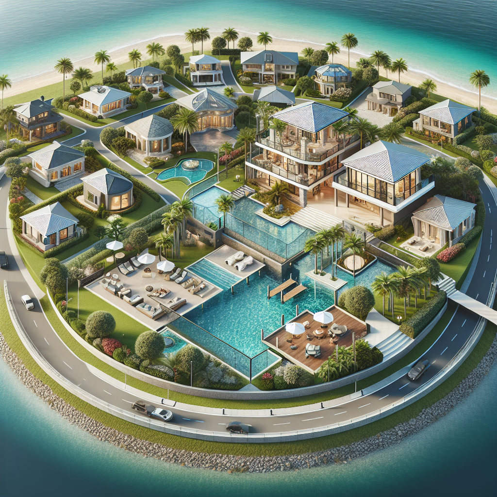 Aerial view of a circular island community with luxury modern villas, palm trees, outdoor pools, and a road encircling the island, surrounded by turquoise ocean waters. Cars are seen driving on the road.