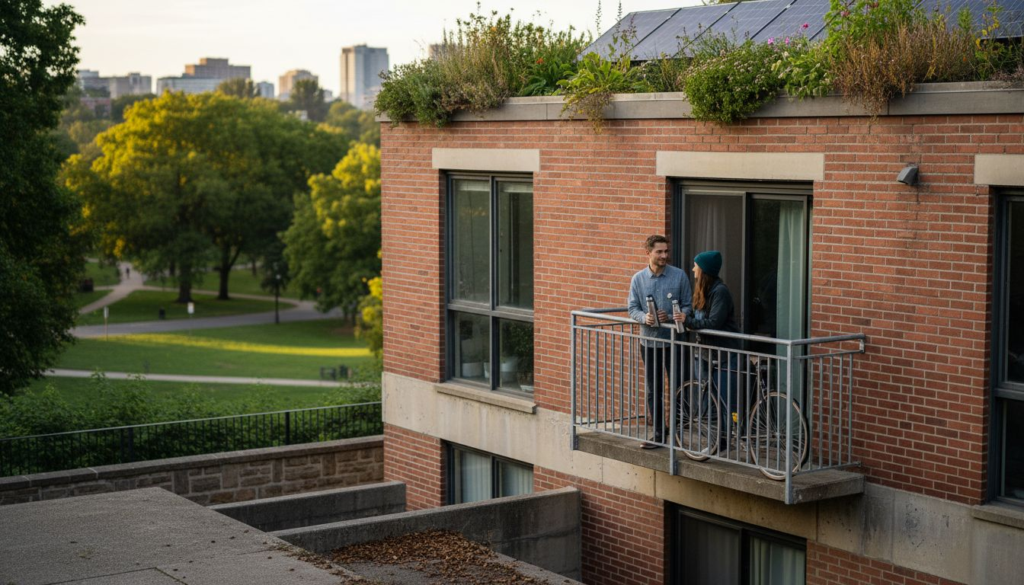 Green apartment building with gardens and solar panels