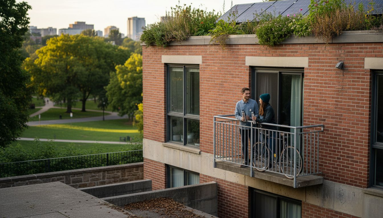 Green apartment building with gardens and solar panels