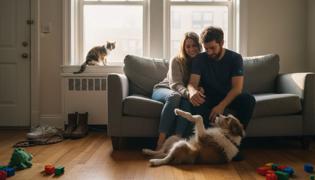 Couple with dog and cat in cozy apartment