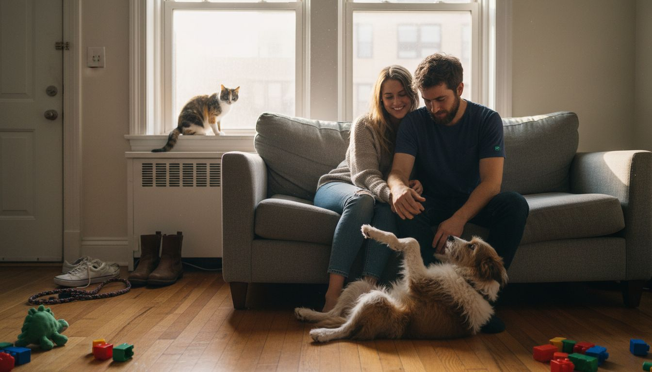 Couple with dog and cat in cozy apartment