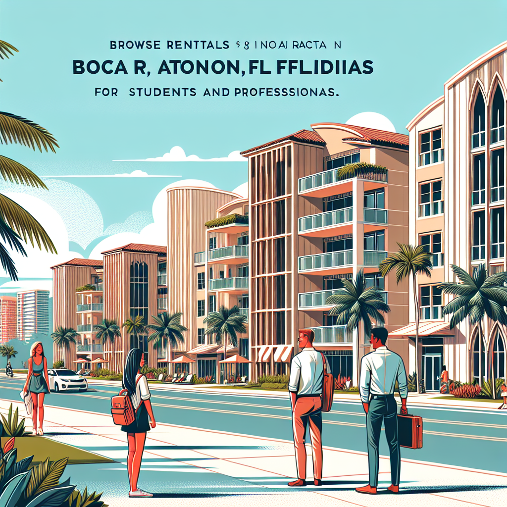 A modern street in Boca Raton, FL, lined with palm trees and stylish apartment buildings. People with backpacks and briefcases walk on the sidewalk. Text promotes rental options for students and professionals.