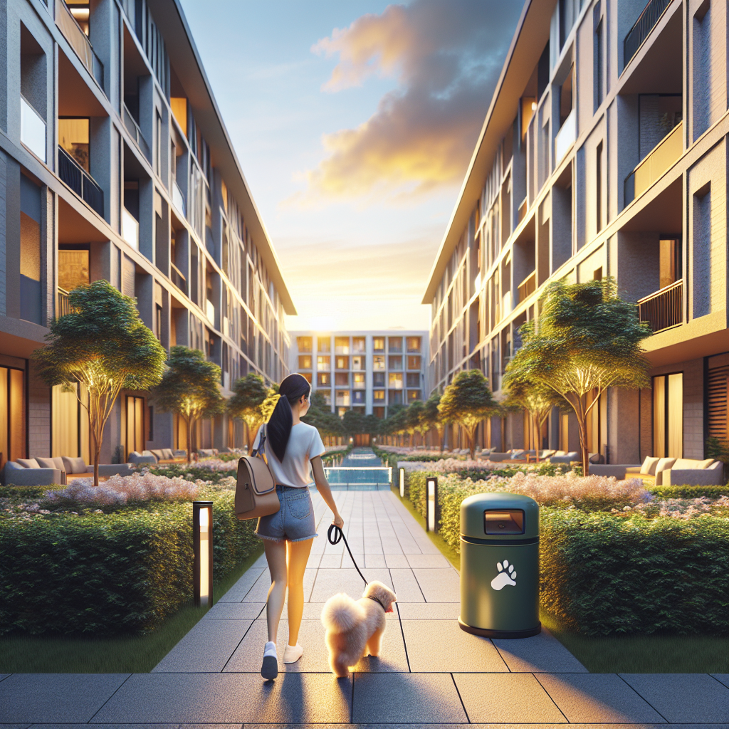 A woman walks a fluffy white dog along a landscaped path in a modern apartment complex at sunset, passing a green pet waste bin with a paw print on it.