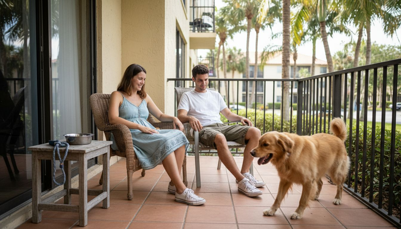 Couple playing with dog on apartment patio