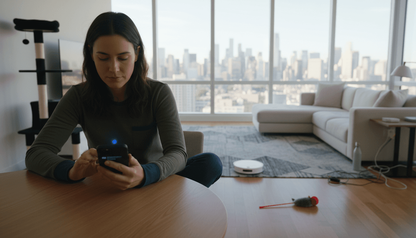 Young woman unlocking smart apartment with phone