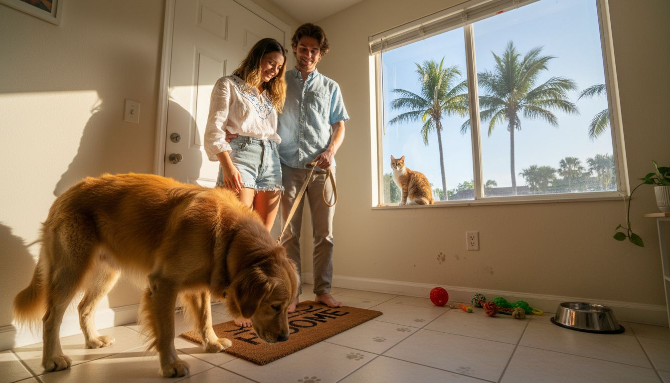 Couple with dog entering pet-friendly apartment