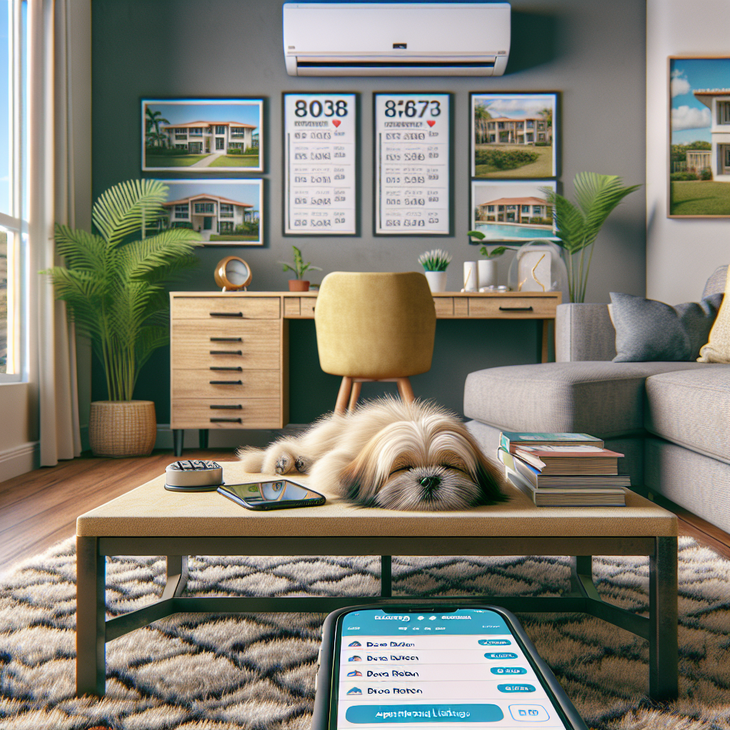 A small dog lies on a coffee table in a cozy, modern living room with a desk, plants, real estate posters, and a visible air conditioner. A smartphone with a real estate app is in the foreground. Sunlight fills the space.
