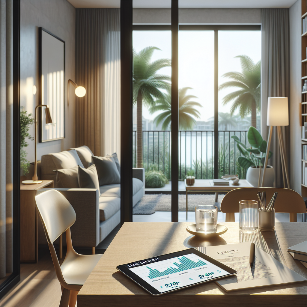 A modern living room with large glass doors overlooking palm trees and water. On a wooden table in the foreground, a tablet displays financial graphs, beside a notebook, pen, glasses, and a glass of water.