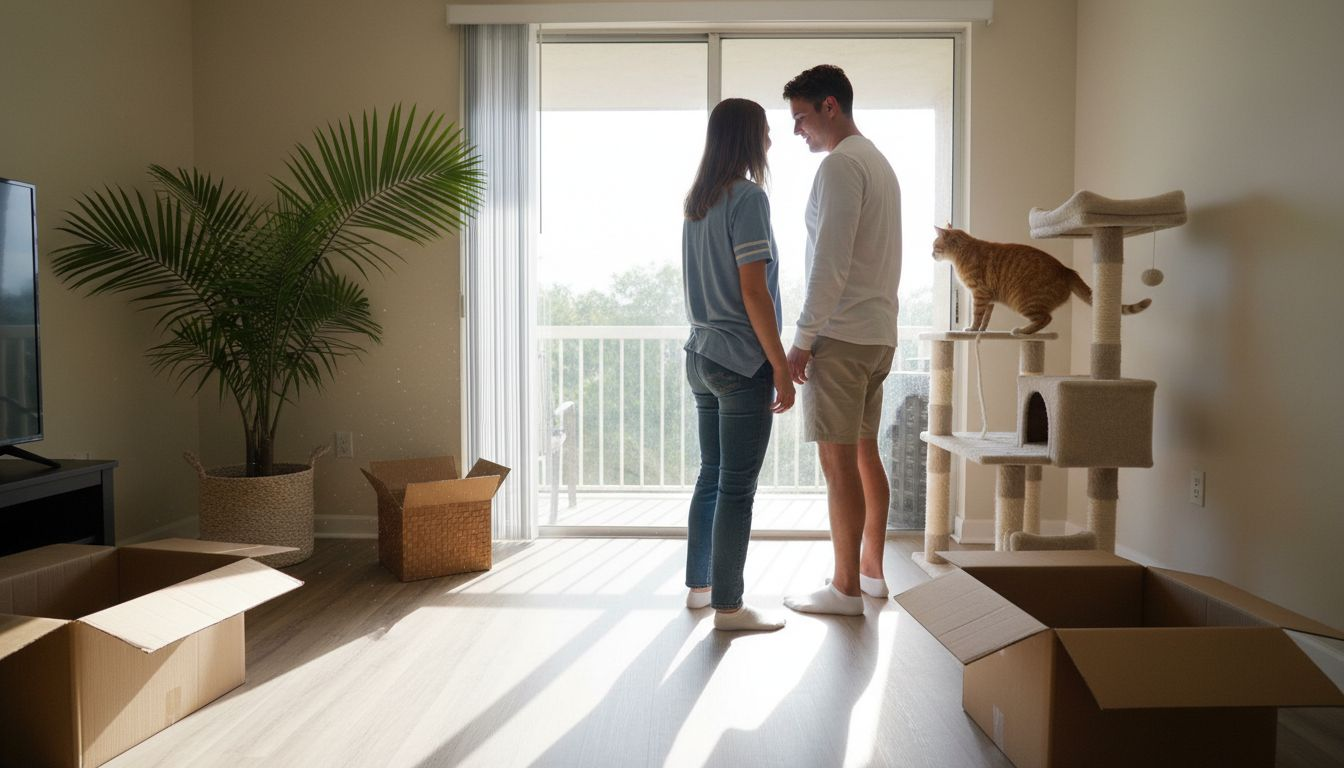 Couple and cat relax in Boca Raton apartment