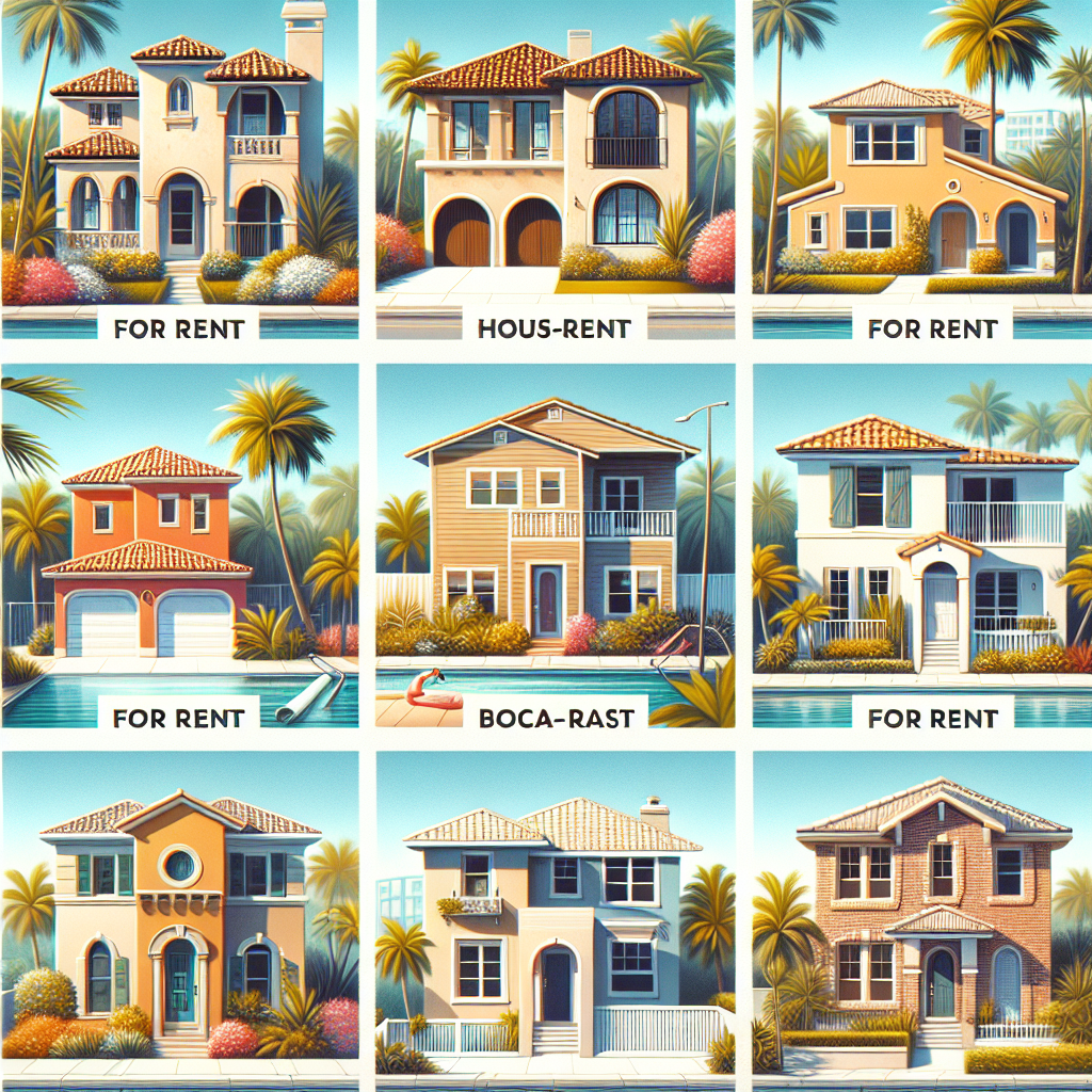 A grid of nine illustrated houses with signs reading "FOR RENT," "HOUS-RENT," or "BOCA-RAST," each home featuring different architectural styles and surrounded by palm trees and greenery.