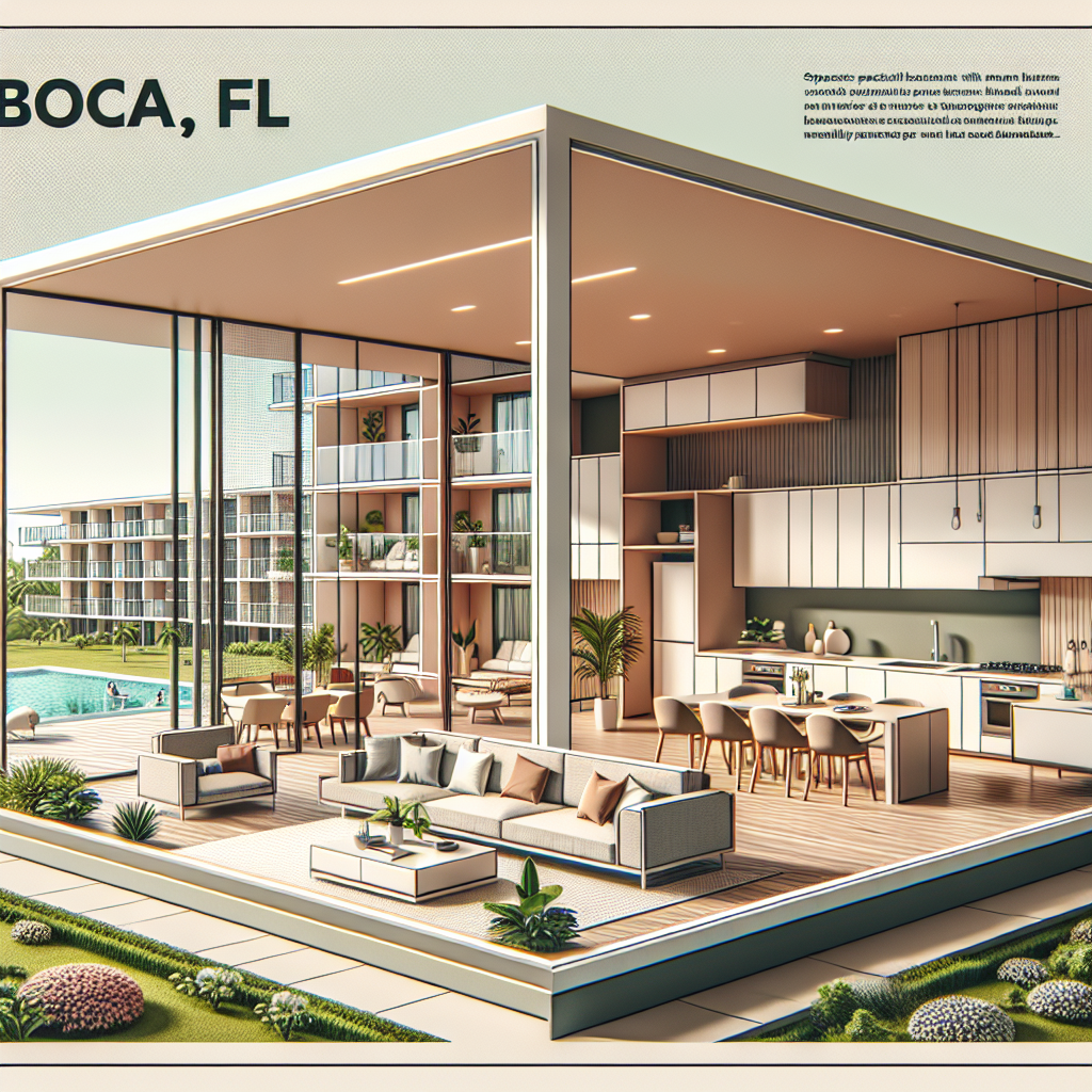 Modern open-air living space with kitchen, dining, and lounge area, featuring minimalist decor. Large windows overlook a pool and nearby contemporary apartment buildings. Text reads "Boca, FL" in the corner.