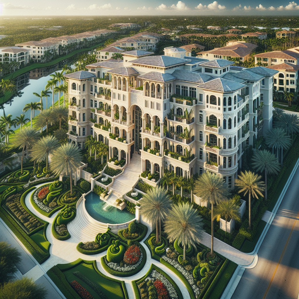 A grand, multi-story luxury apartment building with ornate balconies, surrounded by manicured gardens, palm trees, and a decorative fountain, set next to a reflective waterway in a lush, upscale neighborhood.
