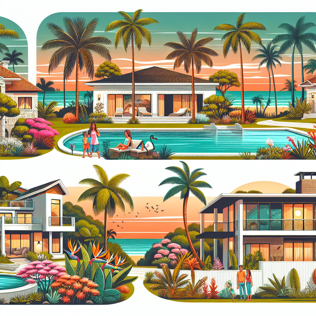 Tropical resort scene with modern villas, palm trees, vibrant flowers, people swimming and relaxing by pools, and a colorful sunset over the ocean in the background.