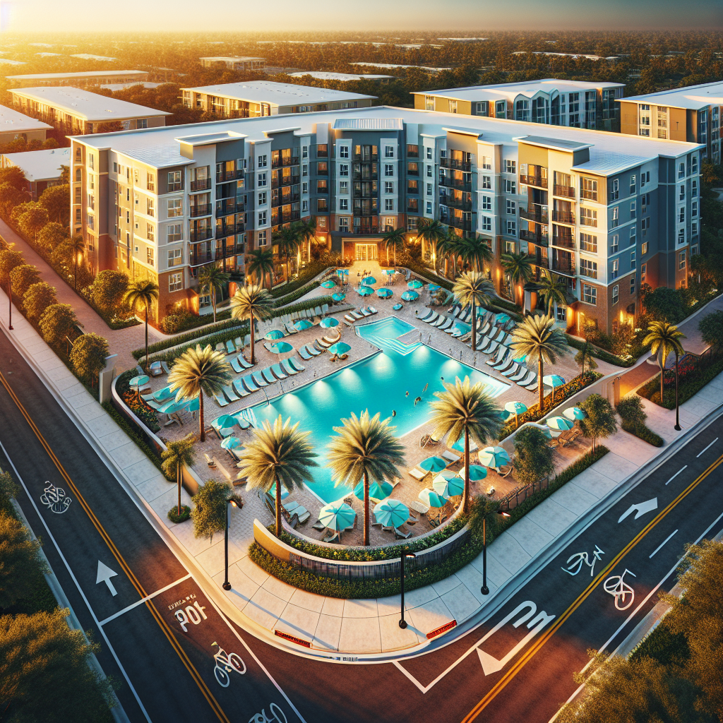A modern apartment complex surrounds a large central pool with lounge chairs and umbrellas, palm trees, and landscaped paths. The scene is sunlit, with bike lanes and marked streets bordering the property.