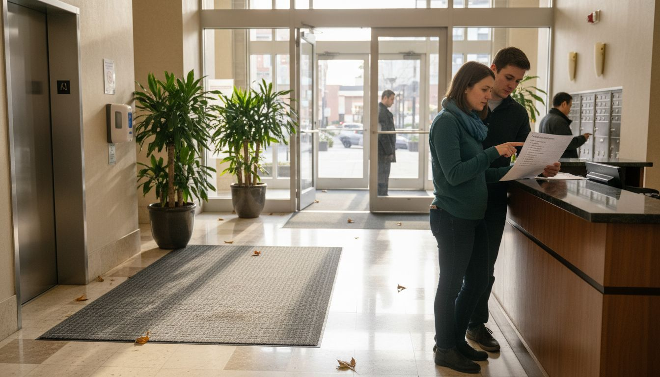 Couple reviewing apartment amenities in lobby
