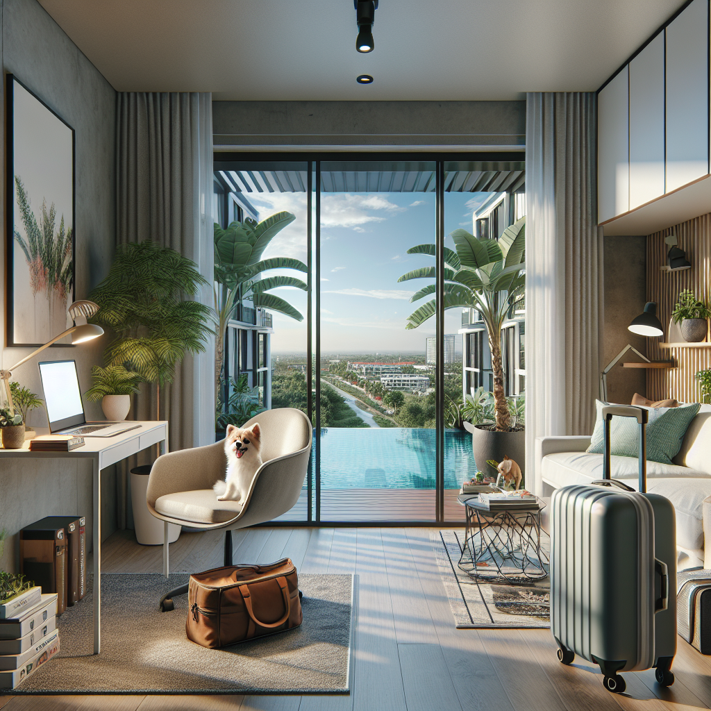 A modern hotel room with plants, a desk, and luggage. A small dog sits on a chair. Large windows reveal a balcony, a pool, palm trees, and a scenic city view under a blue sky with clouds.