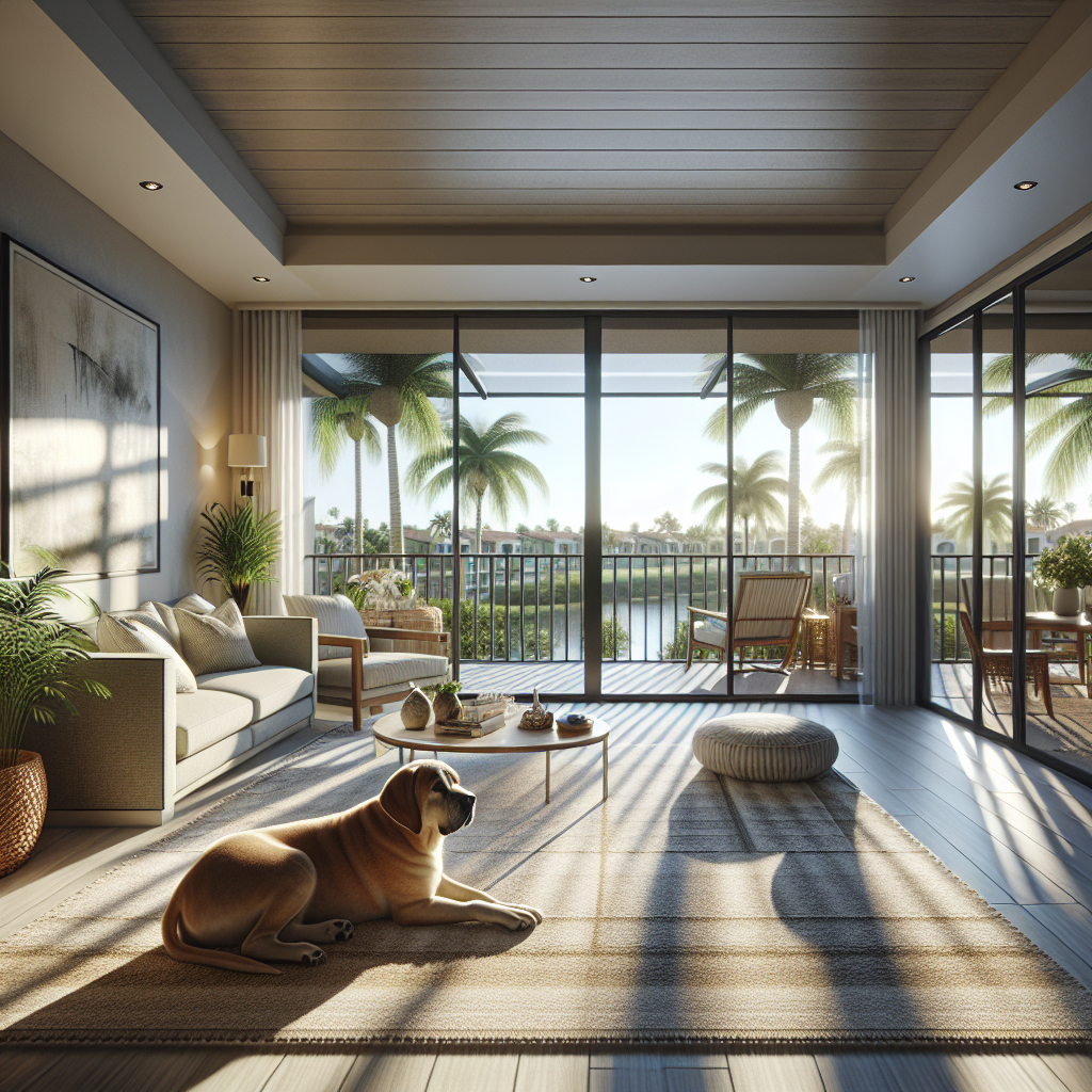 A cozy, sunlit living room with large glass doors opening to a balcony, palm trees, and a lake view. A dog lies on a rug, surrounded by comfortable furniture and indoor plants, creating a serene, inviting atmosphere.