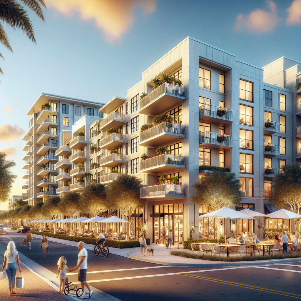 A modern apartment building with balconies and large windows at sunset, featuring outdoor dining, people walking, and cyclists on a lively, tree-lined street.
