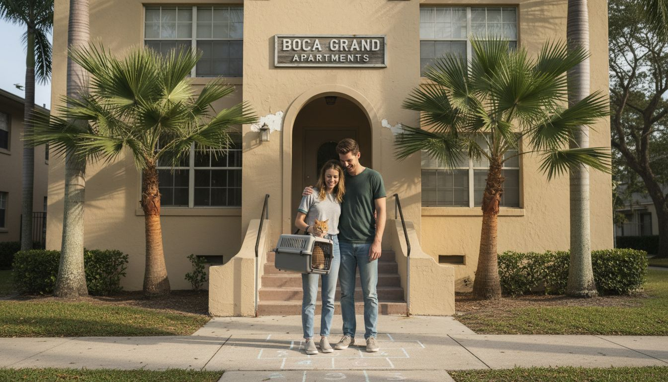 Couple at cat-friendly apartment entrance