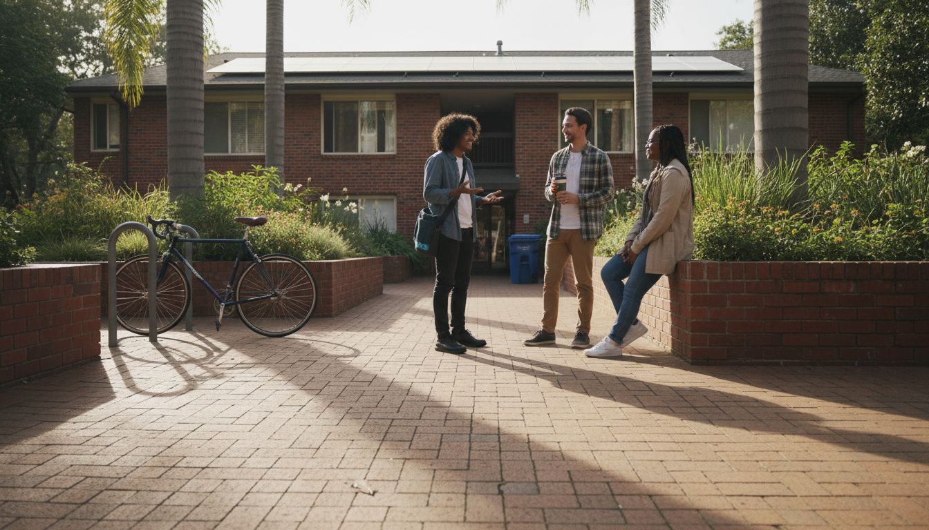 Residents outside green apartment community entrance