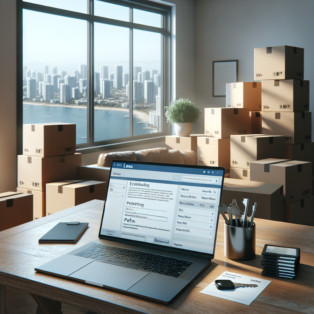 A modern office with a laptop displaying lease documents on a desk, surrounded by moving boxes, a phone, pens, and a window overlooking a city skyline and waterfront.