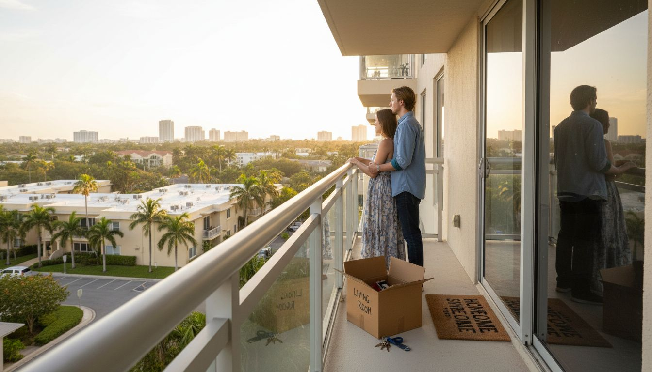 Couple on Boca Raton apartment balcony with skyline