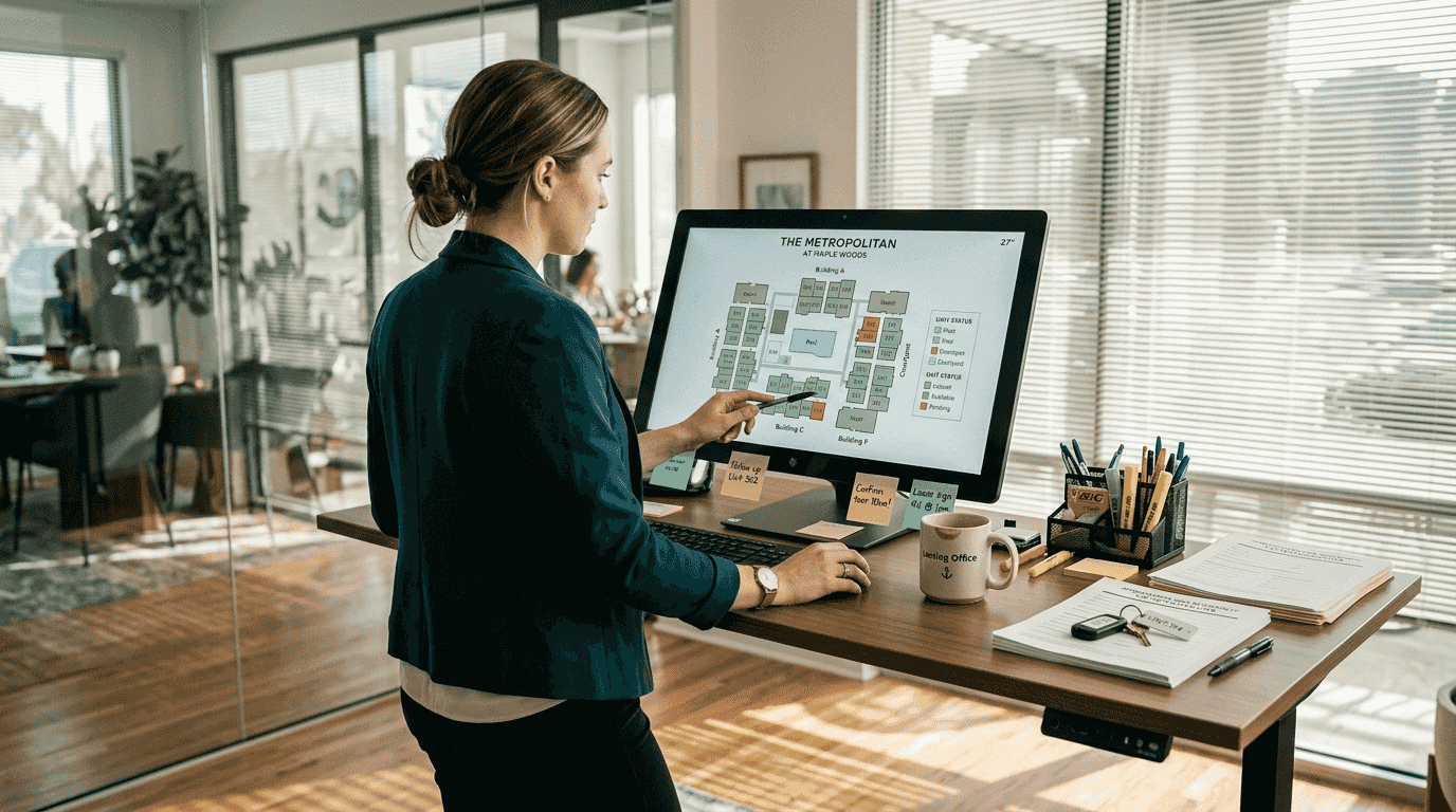 Leasing agent reviews interactive apartment map