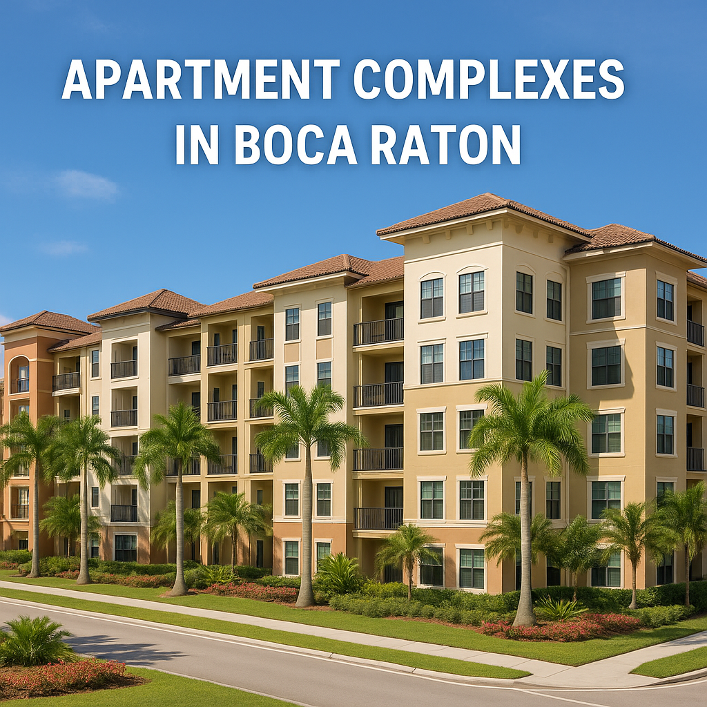 Modern apartment complex with beige and yellow exterior, multiple balconies, and palm trees in front, set against a blue sky. Text on image reads: "Apartment Complexes in Boca Raton.