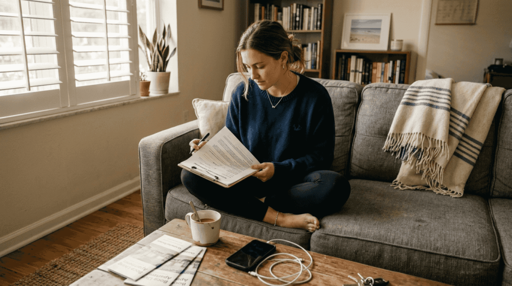 Young woman reviewing lease in Boca Raton apartment