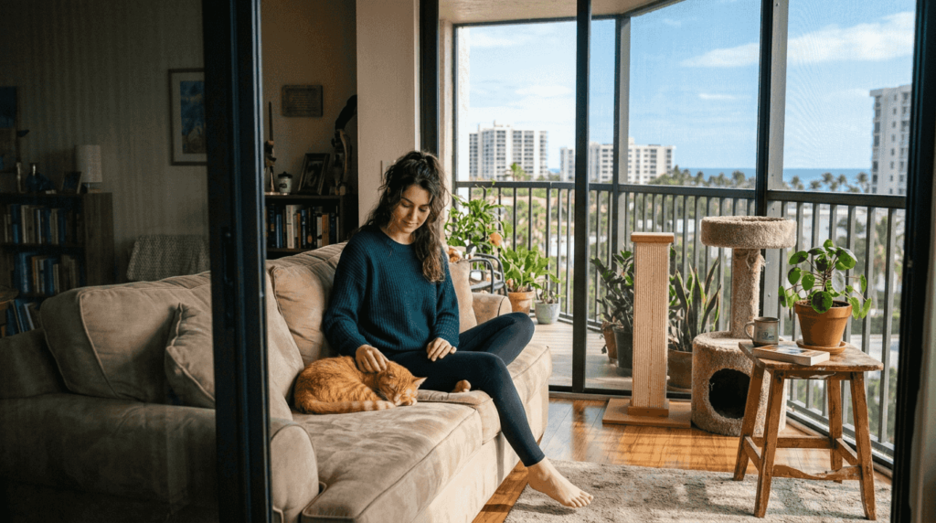 Cat owner relaxing in Boca Raton apartment with cat