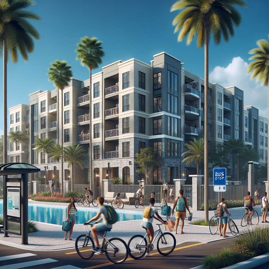 A modern apartment complex with balconies, palm trees, and a pool in front. People are walking and biking along a path, and a bus stop is visible nearby under a clear, sunny sky.