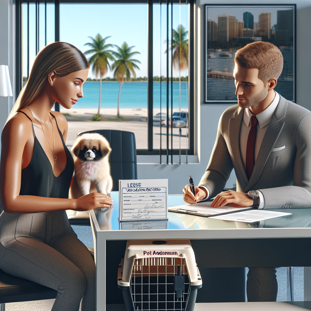 A woman holding a small dog sits across from a man in a suit at a desk, with pet adoption paperwork visible. A pet carrier is on the desk, and large windows show a beach with palm trees and city buildings outside.