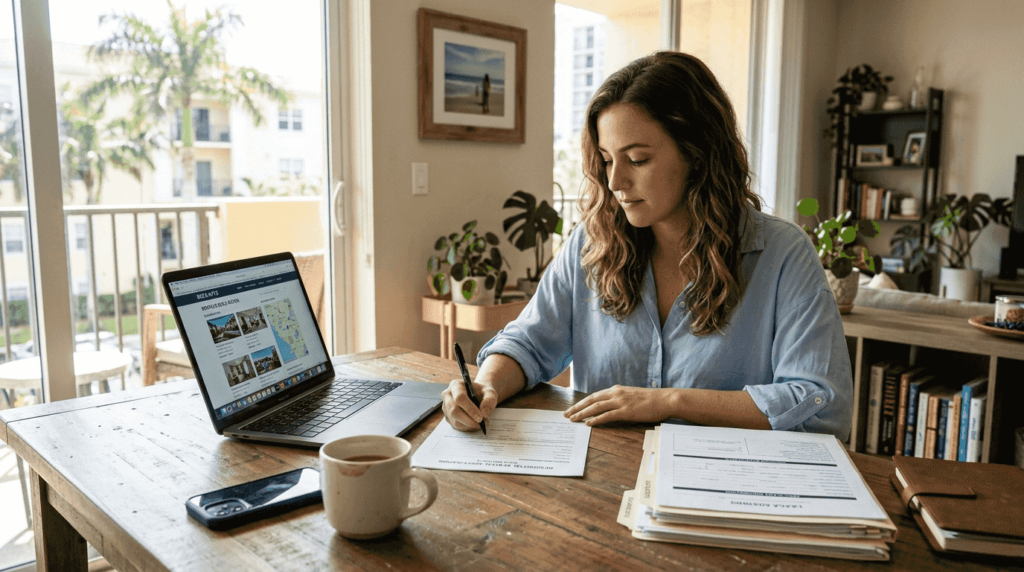 Woman preparing apartment application documents