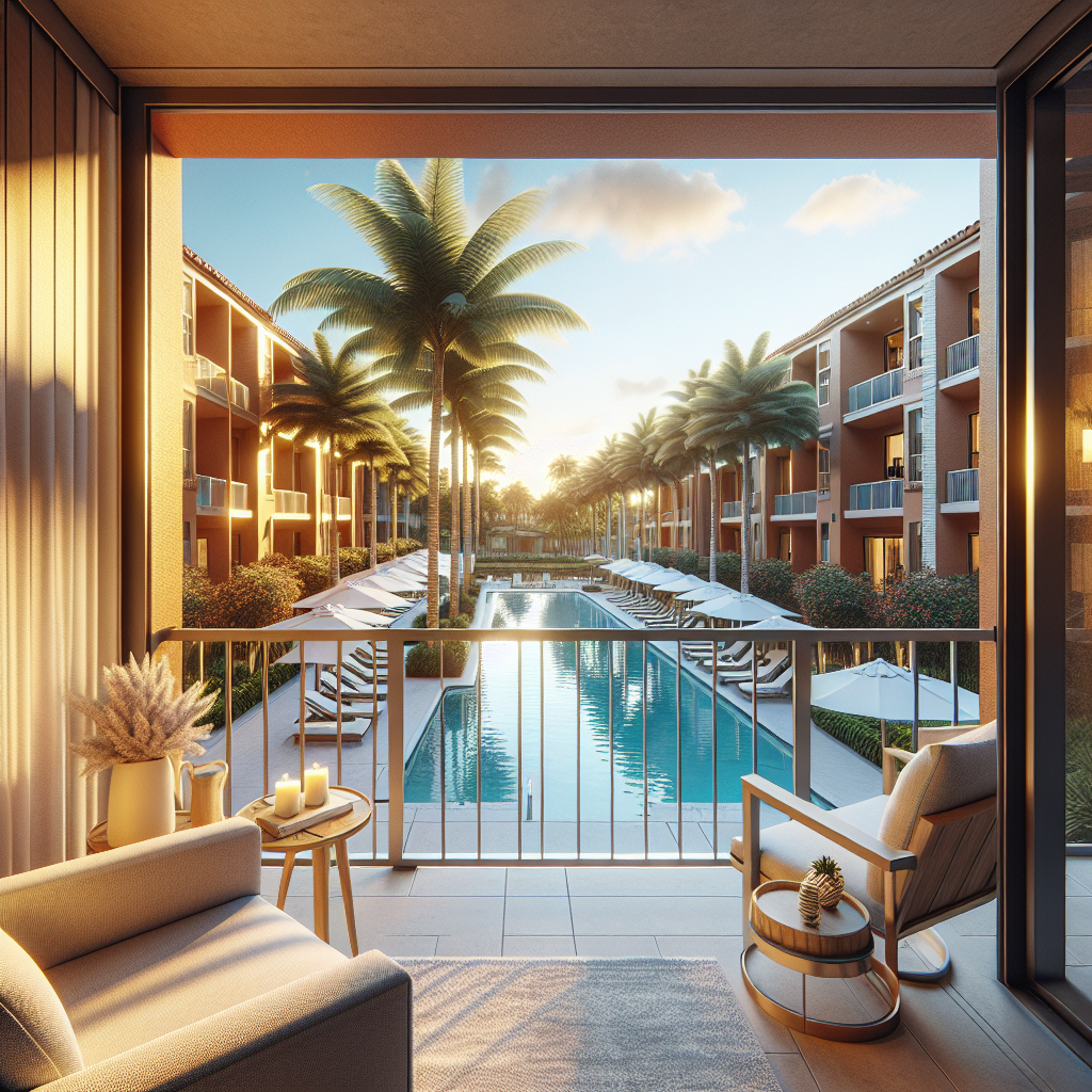 A stylish balcony overlooks a resort pool lined with palm trees and lounge chairs at sunset, with cozy seating, candles, and plants enhancing the relaxing atmosphere.