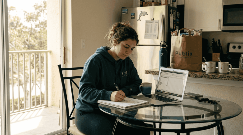 Student budgeting in bright Boca Raton apartment