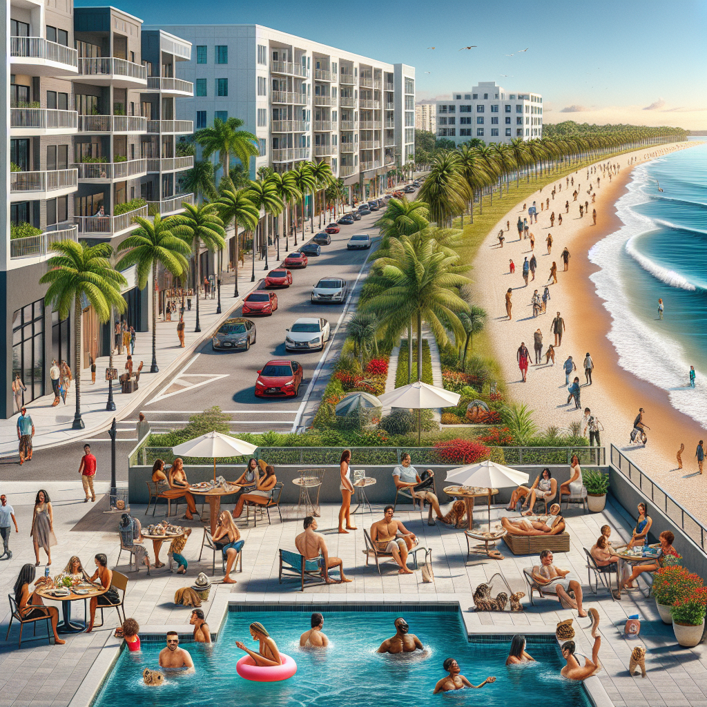 A lively beachside scene with people relaxing by a pool, sunbathing, swimming, dining, and socializing. Palm trees line a street with modern apartments, and a sandy beach with people stretches along the ocean.