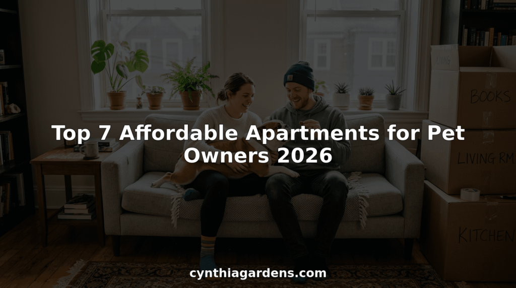 Couple with dog in affordable apartment living room