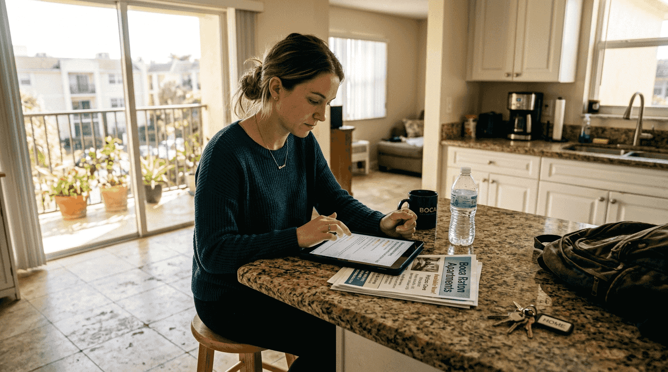 Renter checking apartment reviews at kitchen counter