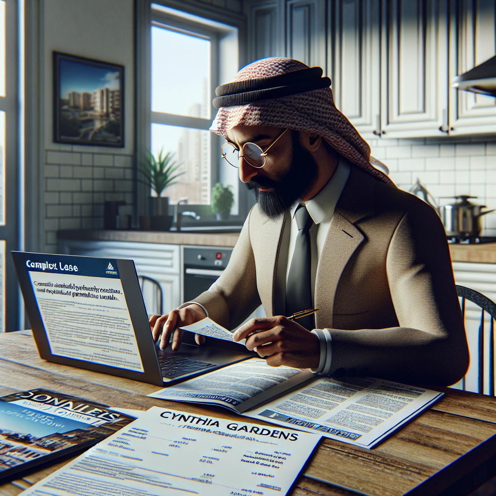 A man in a suit and traditional Middle Eastern headscarf works at a kitchen table with a laptop, reading documents labeled "Complex Lease" and "Cynthia Gardens." Sunlight streams in through a window behind him.