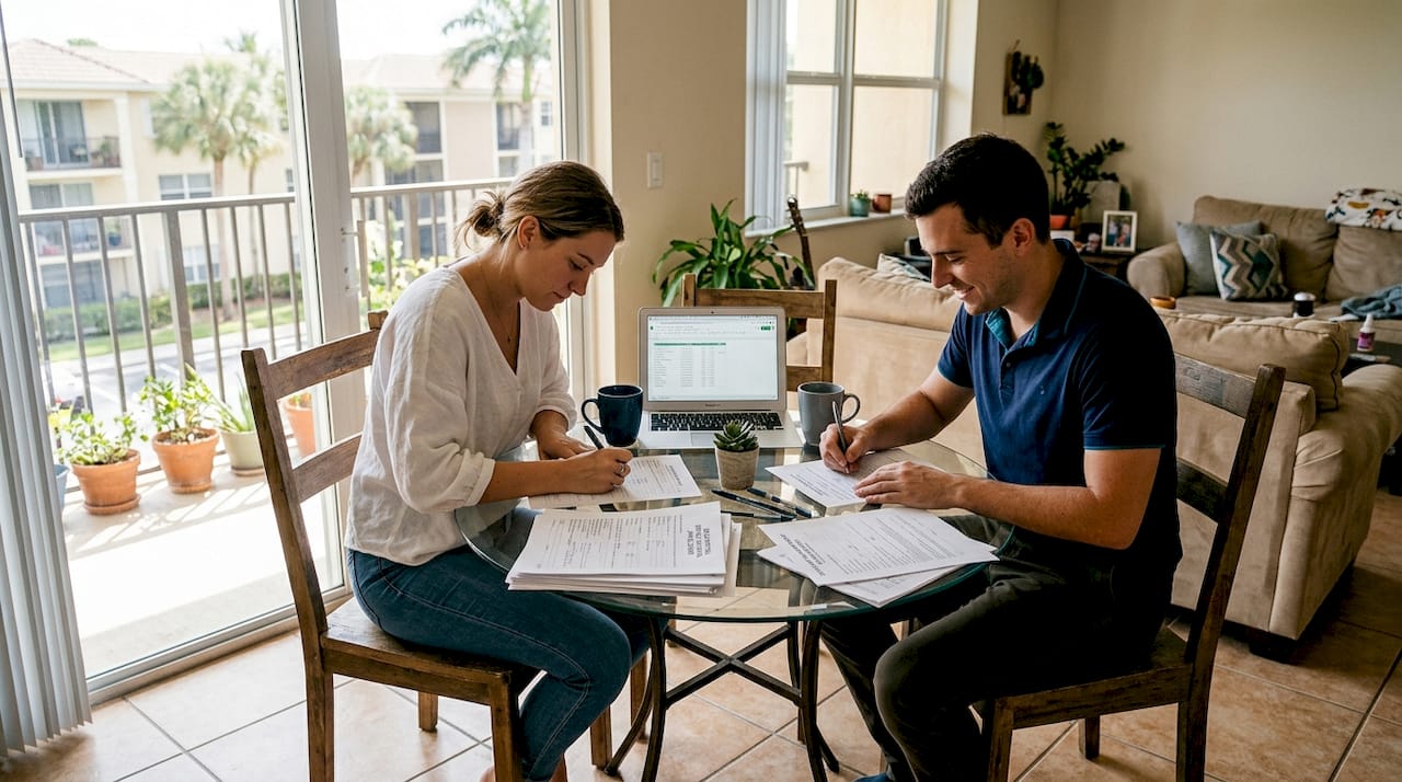 Young couple completing apartment application paperwork